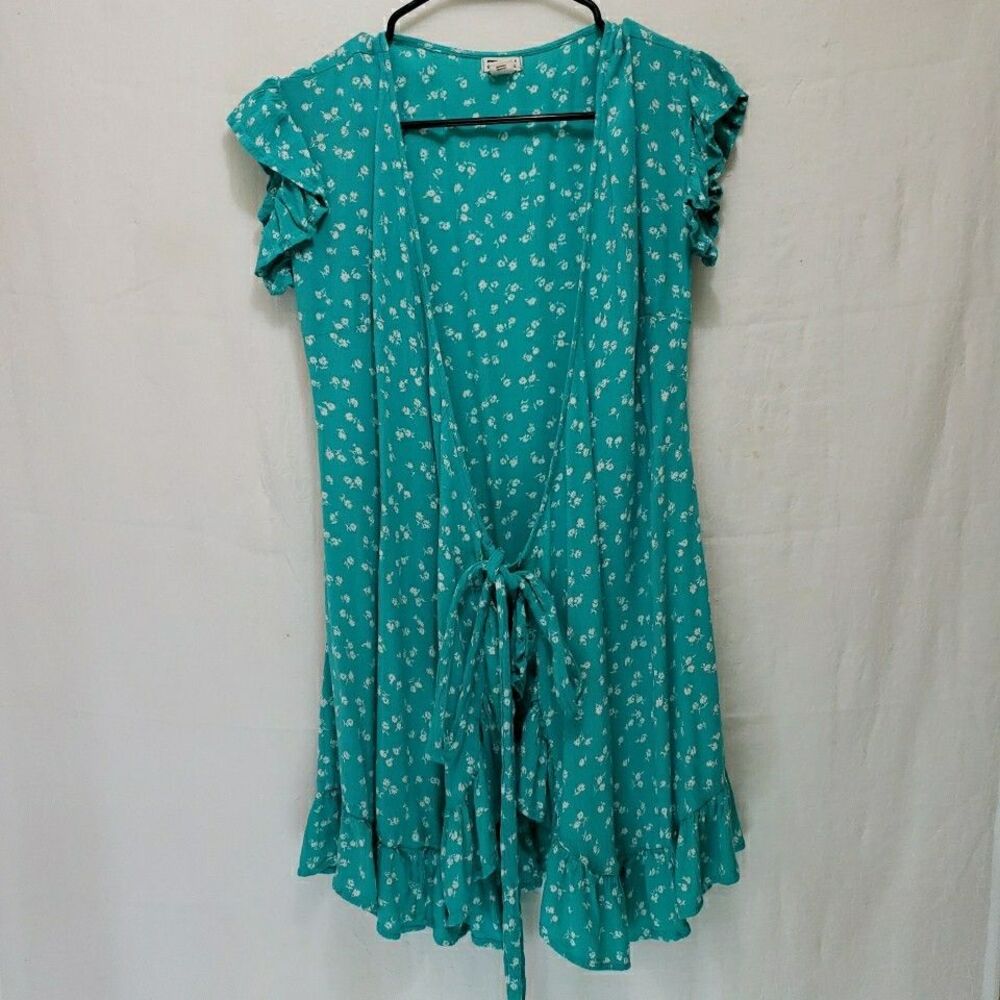 Billabong Teal Green White Floral Ruffle Wrap Dress Sz S Cap Sleeve Mini Summer